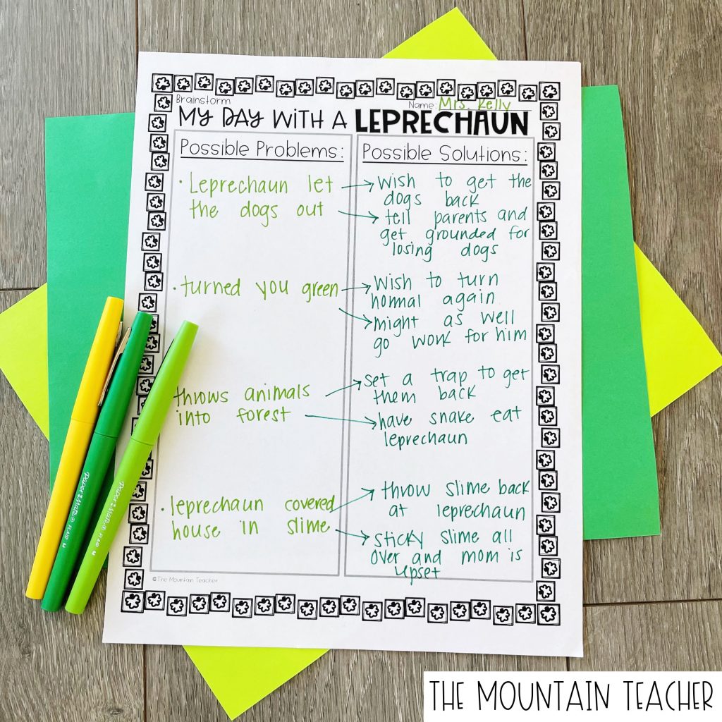 Generate ideas as a class for writing with a problem and solution for your day with a leprechaun