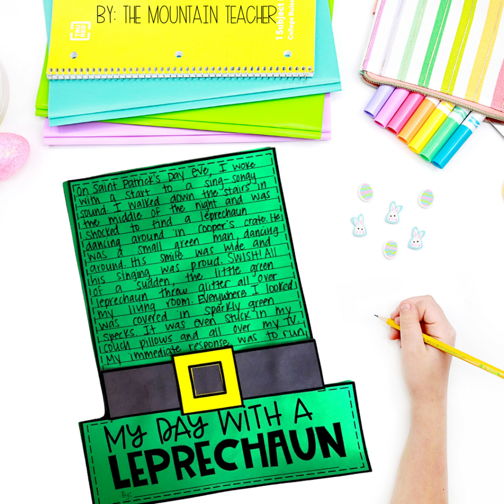 Easy Spring Writing Prompts for Elementary Students and Busy Teachers | my day with a leprechaun imaginative narrative writing project st patricks leprechaun hat craft