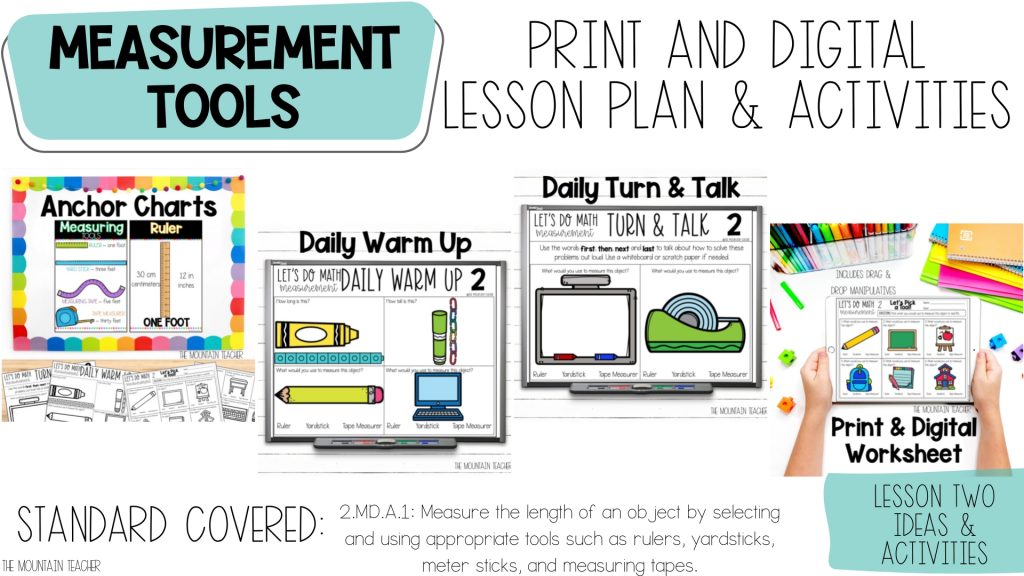 Measurement Lesson Plans for 2nd Grade: Anchor Charts, Warm Up, Turn & Talk and Daily Worksheet or Digital Activity for Picking the Right Tools for Measuring Including Rulers, Yard Sticks and Tape Measurers