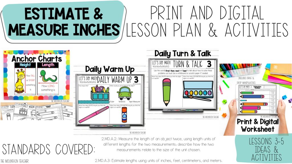 Measurement Lesson Plans for 2nd Grade: Anchor Charts, Warm Up, Turn & Talk and Daily Worksheet or Digital Activity for Estimating and Measuring in Inches and Centimeters