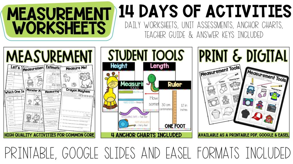 2nd Grade Measurement Worksheets, Anchor Charts, Print and Digital (google slides) for 3 weeks
