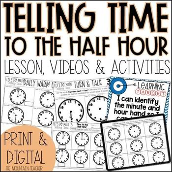 Telling Time to the Hour and Half Hour Worksheets | 1st or 2nd Grade Activities