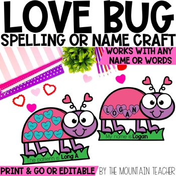 Editable Love Bug Name Writing Practice Craft or Spelling Word Phonics Activity