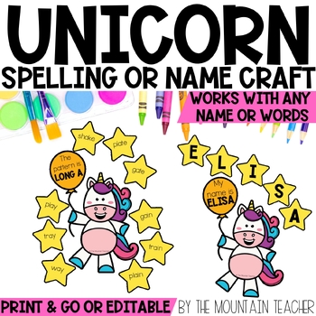 Editable Unicorn Name Writing Practice Craft & Spelling Word Phonics Activity
