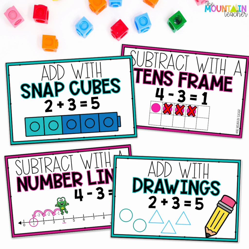 Use hands-on addition and subtraction tools like snap cubes, ten frames, number lines and drawings to begin teaching these essential math concepts.