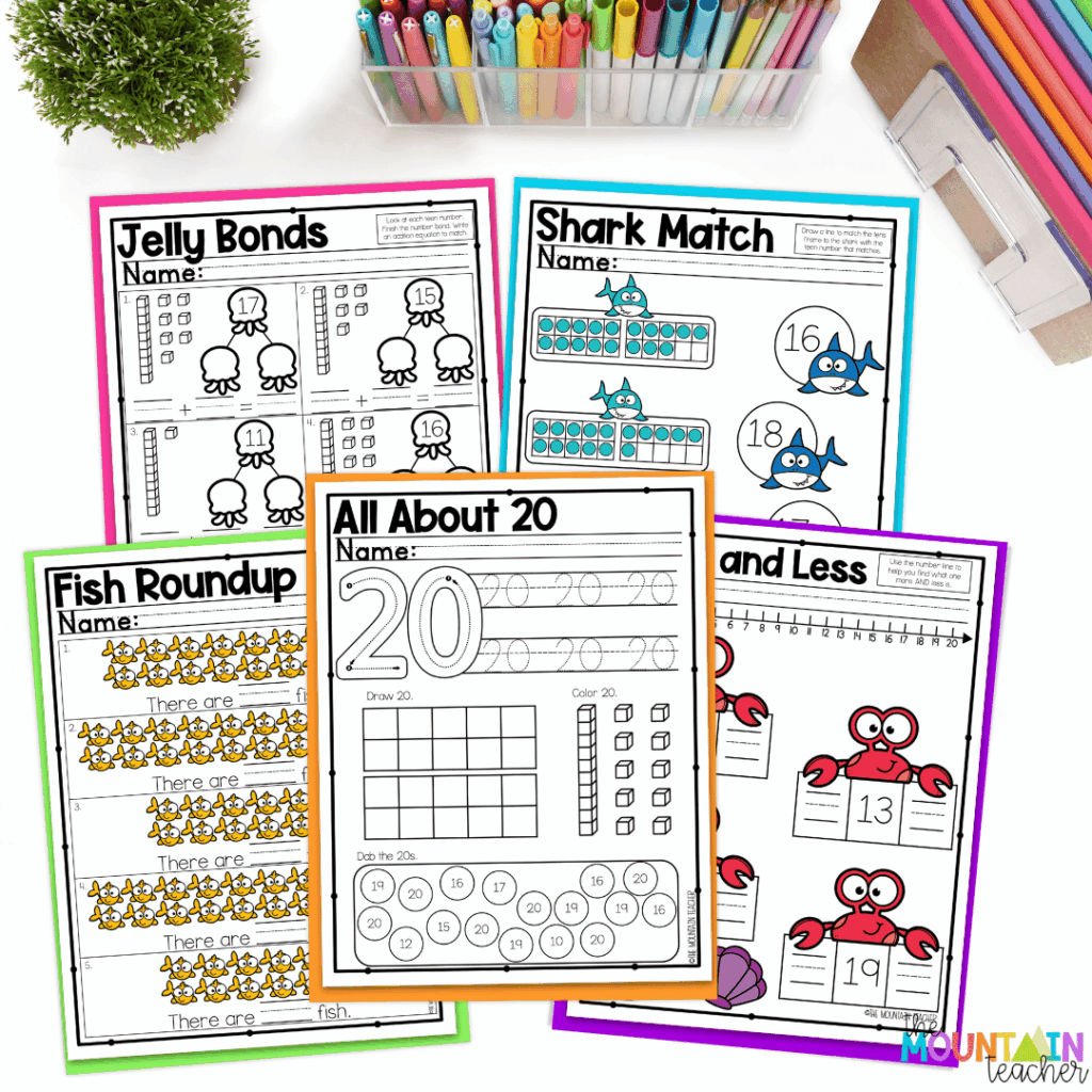 Teaching teen numbers is easy with low prep worksheets that include ten frames, base ten blocks and numerals.