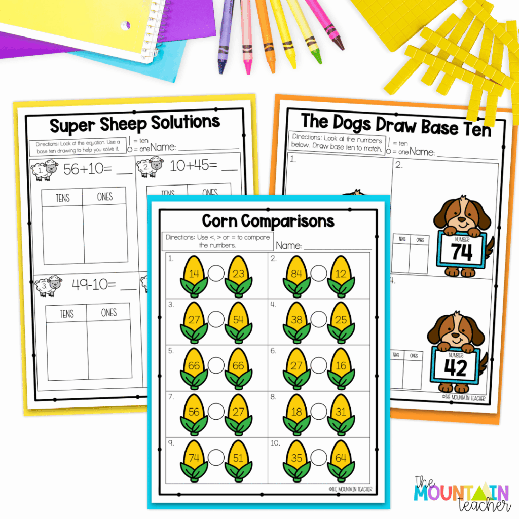 This image shows no-prep place value worksheets that are included in my unit.