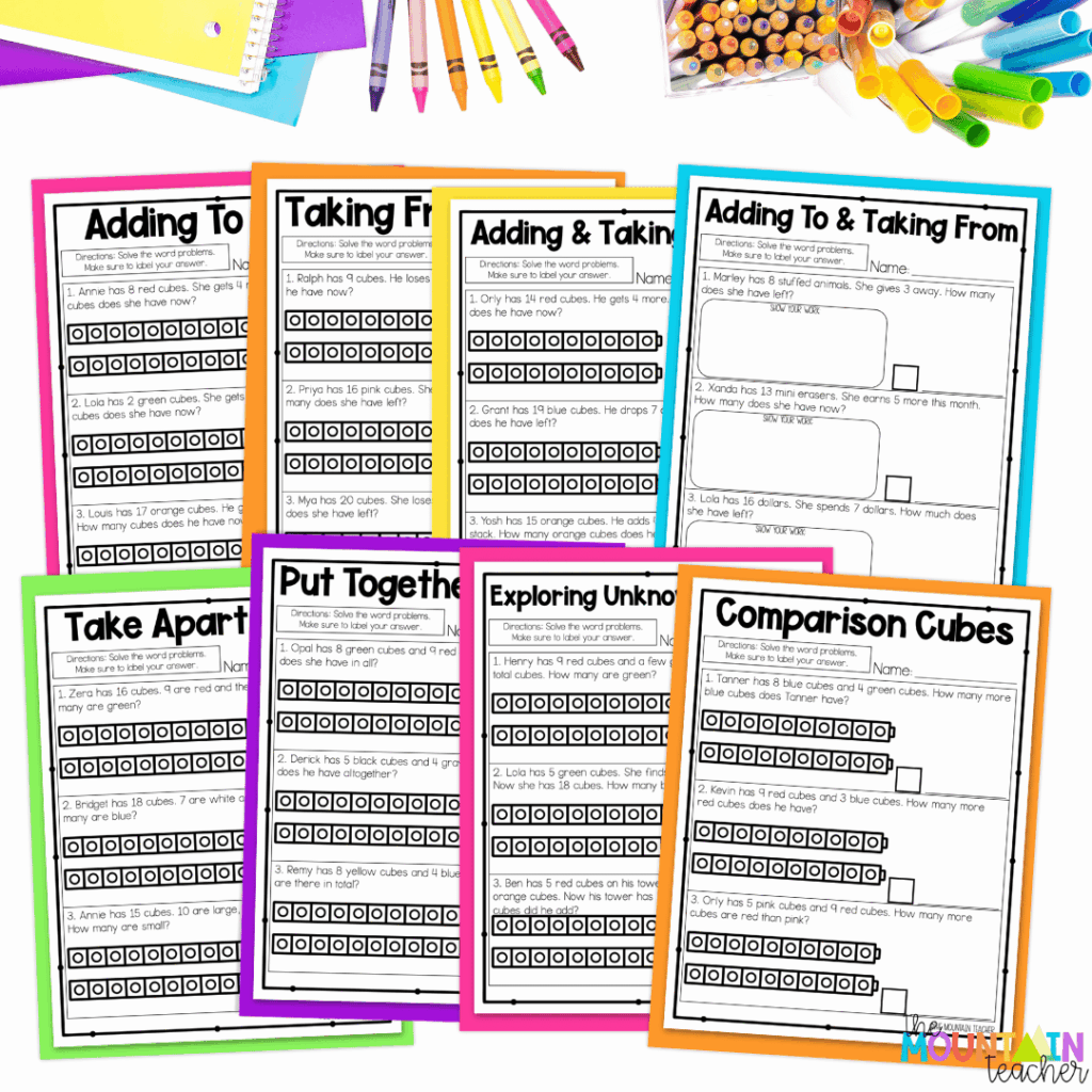 These low prep math pages make practicing different types of first grade word problems stress-free.