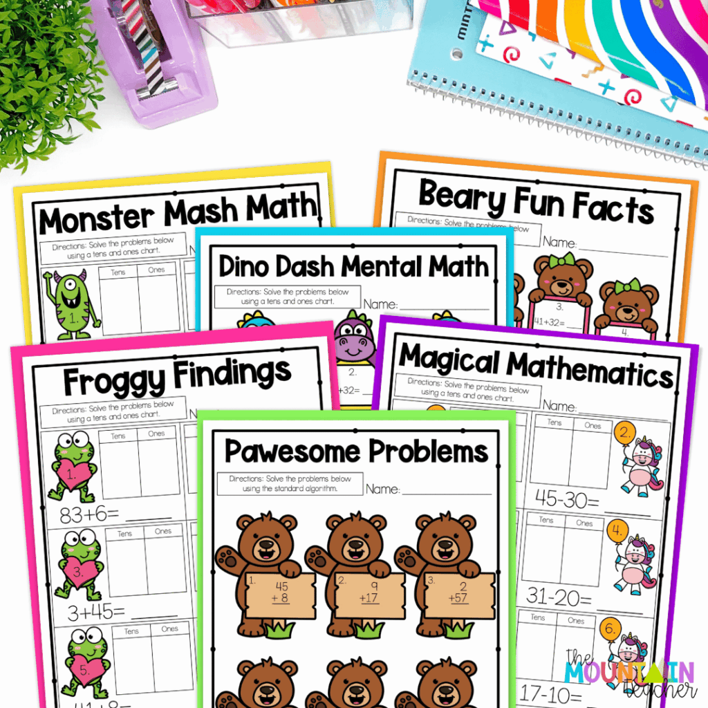 This image highlights addition and subtraction to 100 worksheets you can find within the unit.