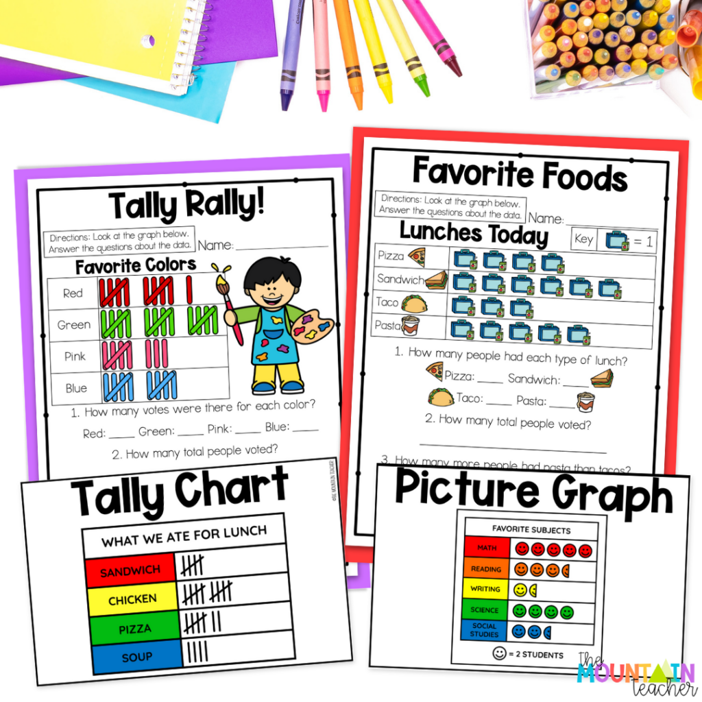 Using these first grade graphing activities, students can practice tally charts and picture graphs.