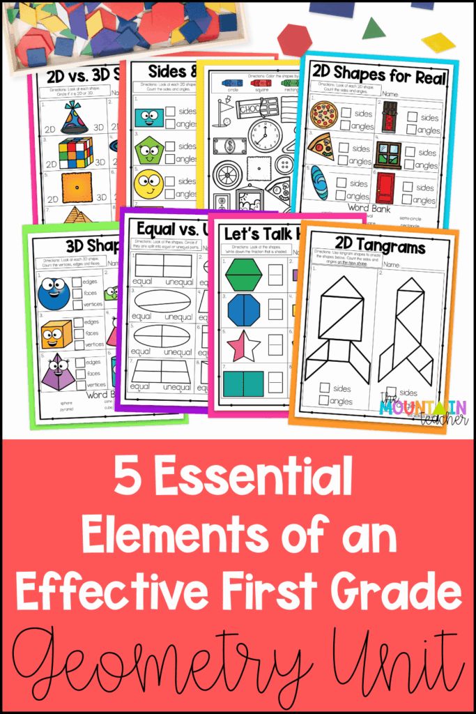 Make your math block more meaningful with a strong first grade geometry unit! This post breaks down the 5 essential elements that help young learners truly understand 2d and 3d shapes, fractions and geometry vocabulary. Perfect for first grade teachers planning their math curriculum or looking to strengthen their geometry instruction.