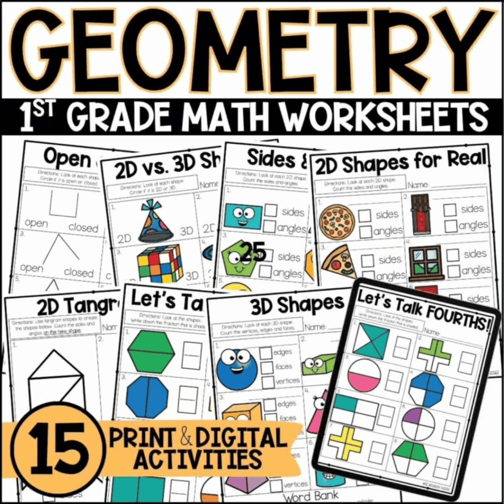 This first grade geometry unit includes print and digital activities that will help your students understand shapes, fractions and key vocabulary.
