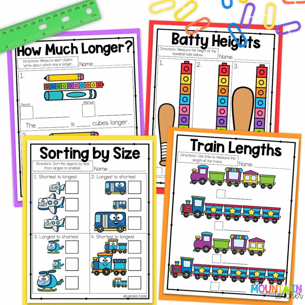 Use first grade measurement worksheets to practice measuring height and length with rulers, cubes and links.