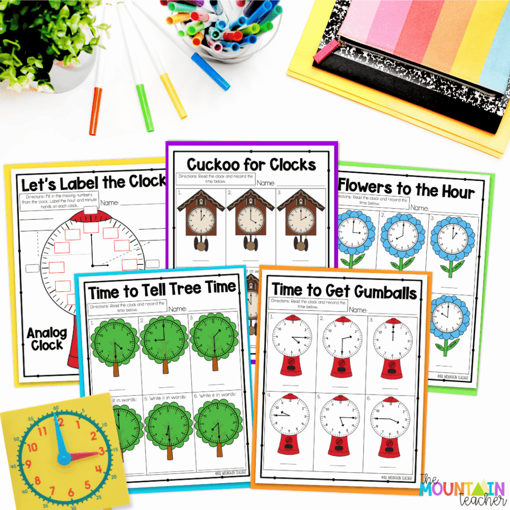 This image highlights low prep worksheets that students can use when practicing telling time.
