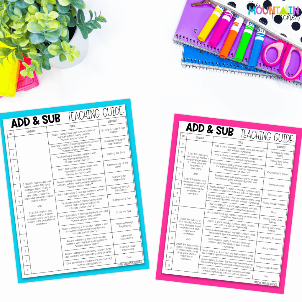 Teach 2nd grade addition and subtraction skills one at a time using this pacing guide.